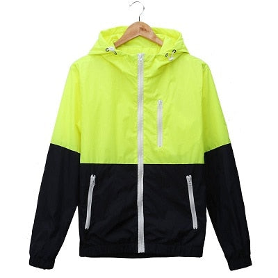 Men Hooded Contrast Color Zipper up Lightweight Windbreaker Jacket - CTHOPER