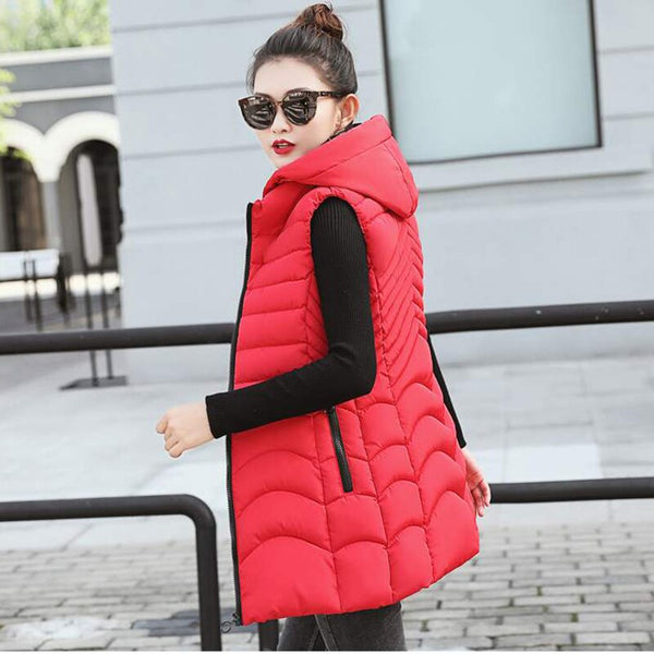Women Winter Plus Size Hooded Sleeveless Slim Vest Coat - CTHOPER