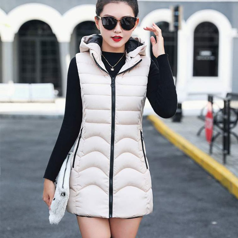Women Winter Plus Size Hooded Sleeveless Slim Vest Coat - CTHOPER